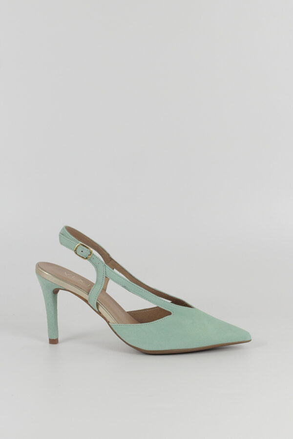 FOTOGRAFÍA ZAPATO DE TACÓN 19464 ANTE VERDE AGUA DE LADO